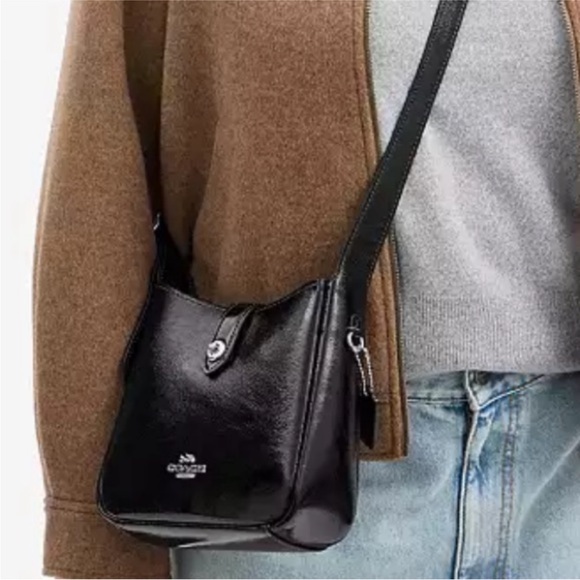 Coach Mini Hadley Crinkle Black Patent Leather Crossbody Bag Silver NWT - Picture 3 of 11